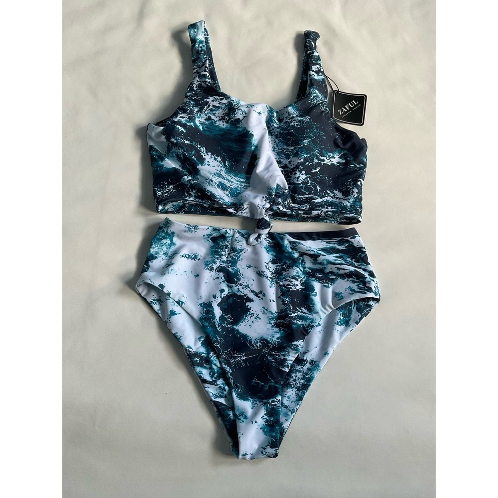 Zaful Bikini Set Size M US 6 Blue Green Marble Ocean Swimsuit 2 Piece Tankini